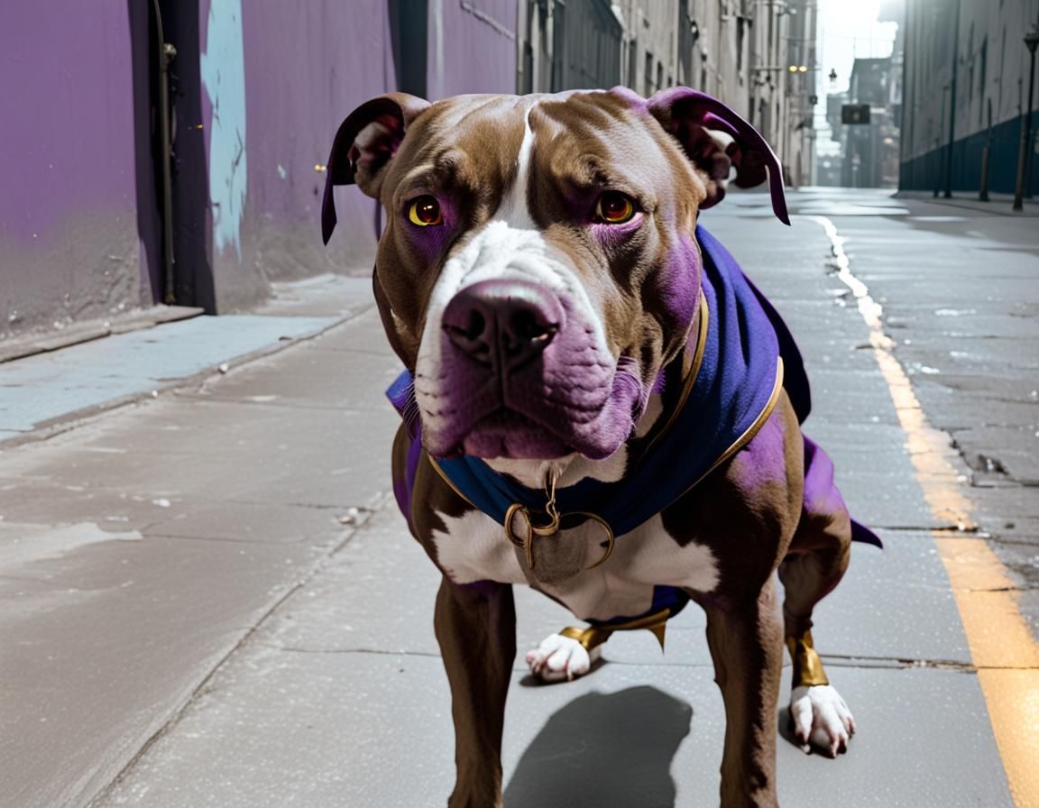 Cinematic photo in a dark city with streetlights lighting up the streets. The Pitbull in the photo wearing a superman cape and standing over...
