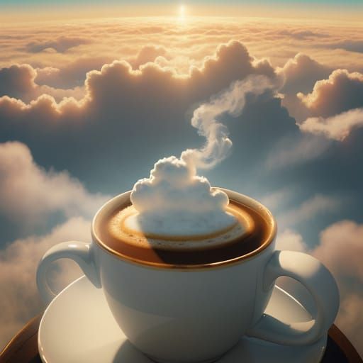 Steaming Coffee Mug on Cloud in Golden Hour