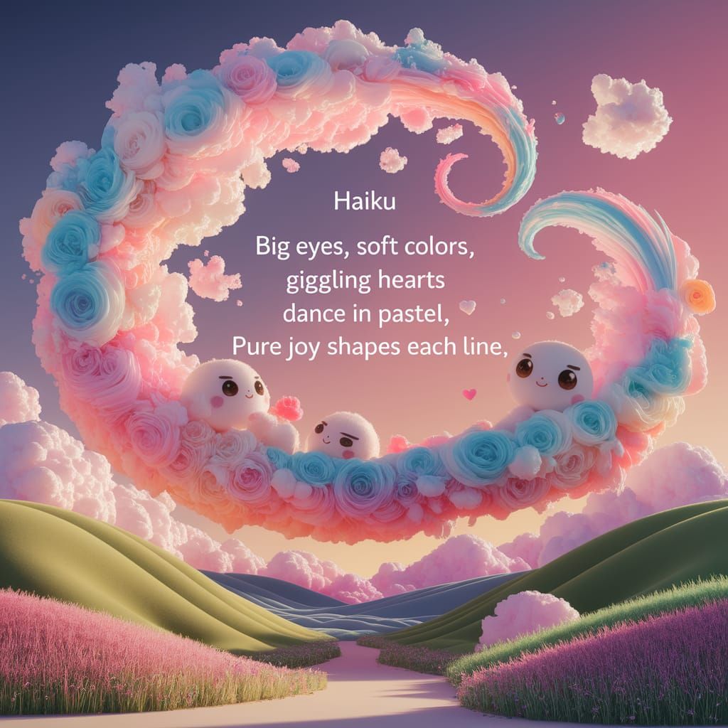 Kuwaii Haiku: "Big eyes, soft colors,Giggling hearts dance in pastel, Pure joy shapes each line."  by @Caveman