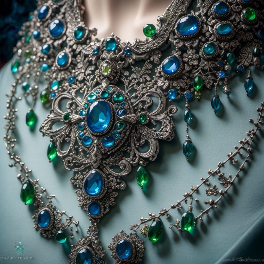 Bejeweled necklace, silver, intricate rows, elaborate, blue ...