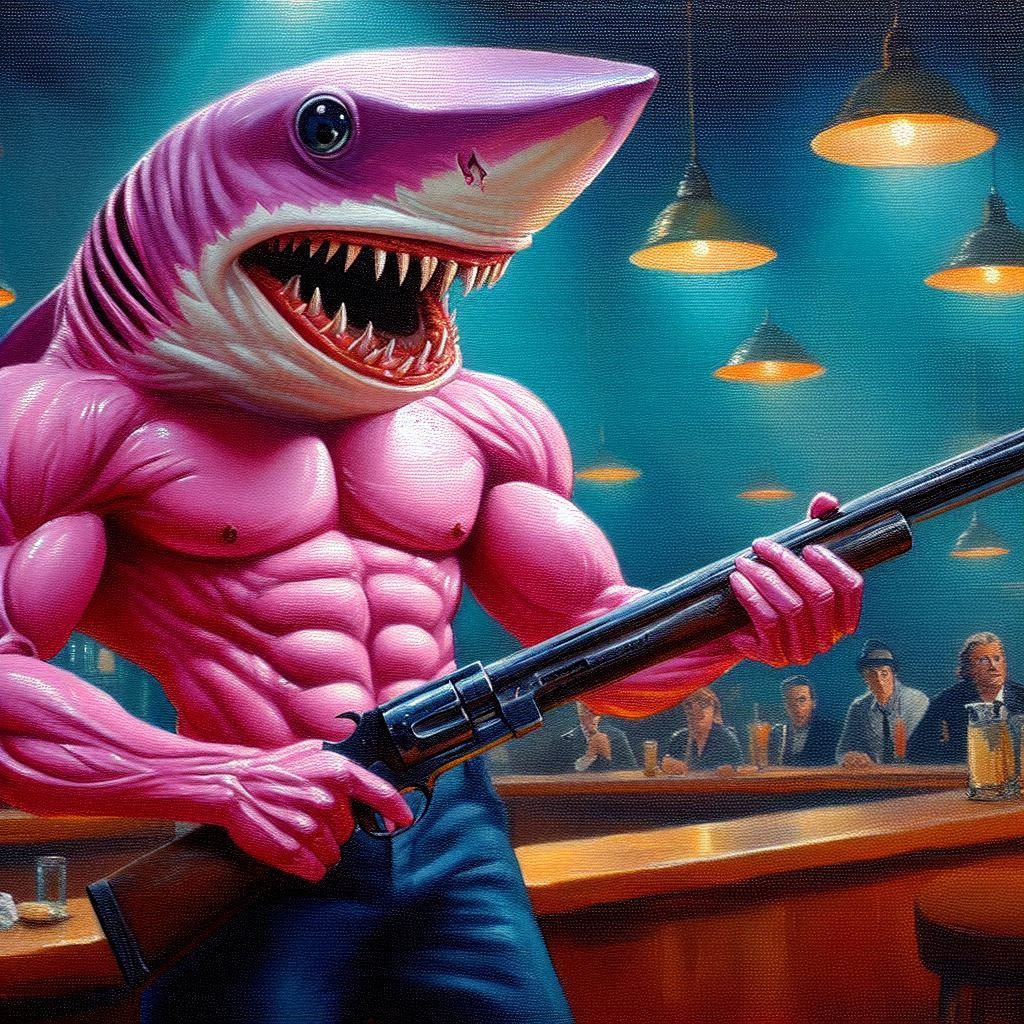 Pink Muscular Shark Holding Gun Inside Bar