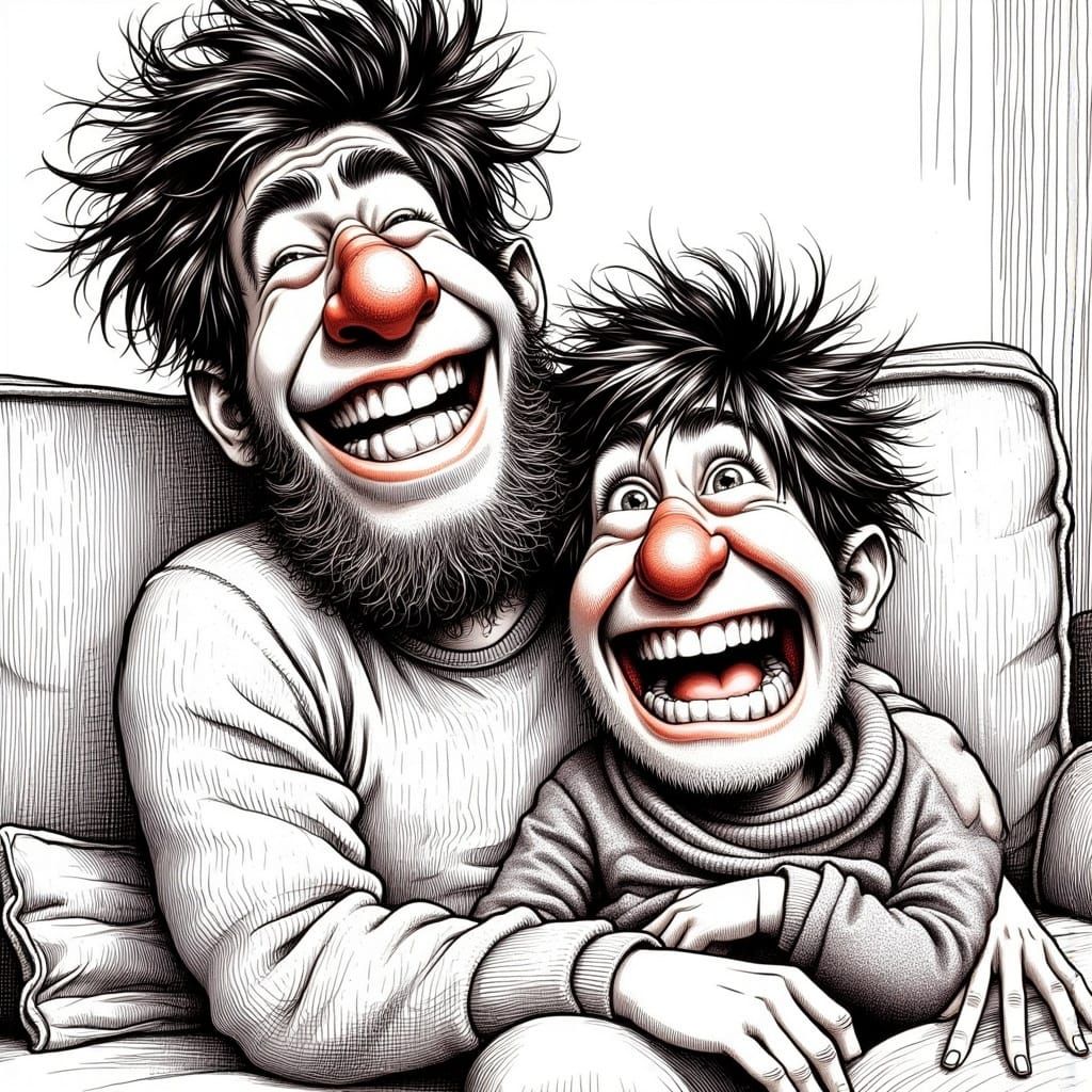 <lora:Ink cartoons:1.0> A funny father and daughter with messy hair funny faces, big noses, laughing out loud are watching TV. Ink Art, deep...