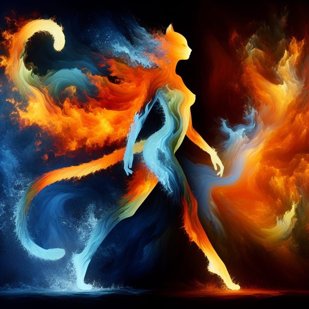 Fire and water become a cat woman. Perfectly united. An epic...