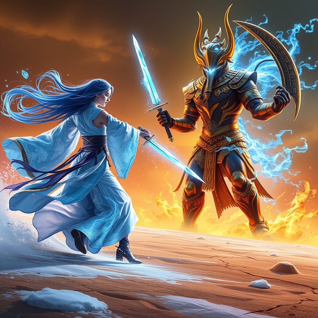 Ethereal Ice Queen Battles Anubis Warrior in Epic Duel