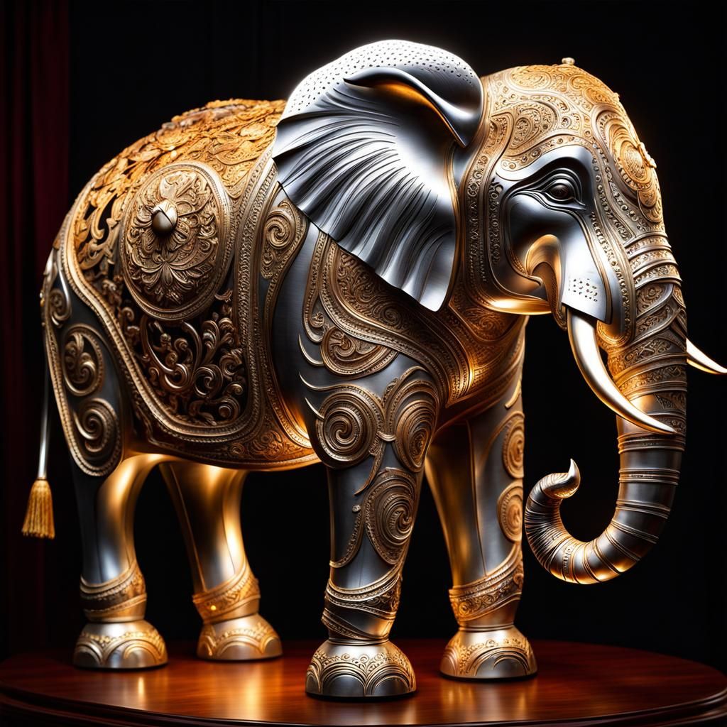 Museum piece - beautiful elephant carved from wood, silver, gold  by @Uttia Majumdar