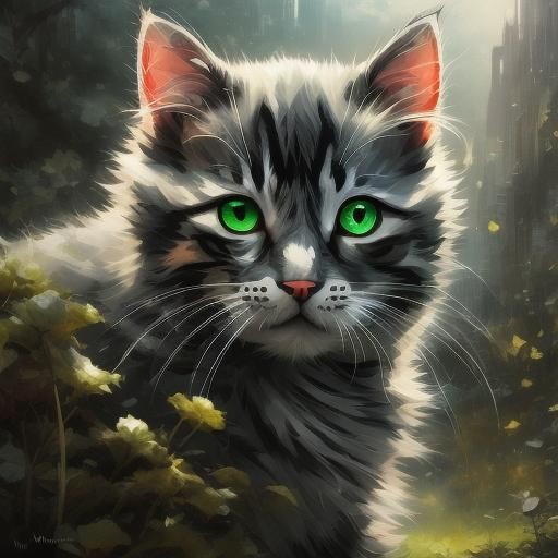 A super cute gray spotted kitten with green eyes, Thomas Kinkade , sharp focus, by Marc Simonetti & Yoji Shinkawa & WLOP , sharp focus, roug...