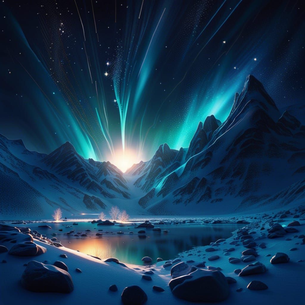 a beautiful, icy landscape, solar flare, soft lighting, nigh...