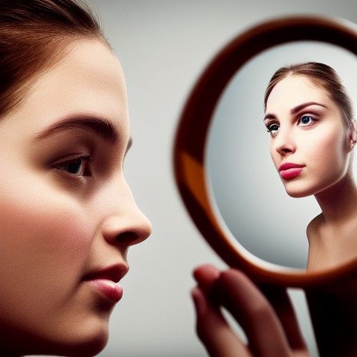 A person looking at their own face in a mirror; realistic detailed