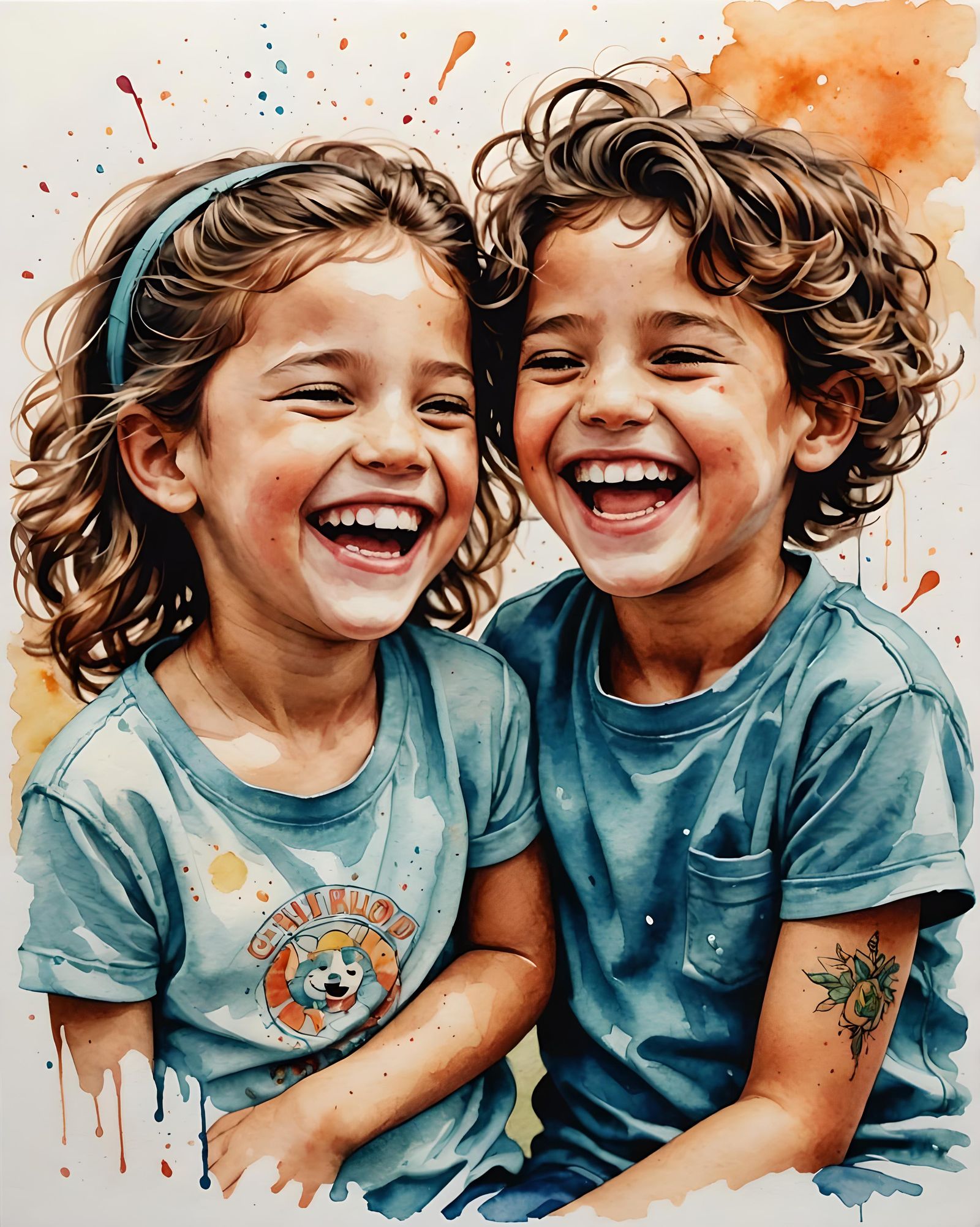 "childhoood laughing best friends" Watercolor drawing with s...