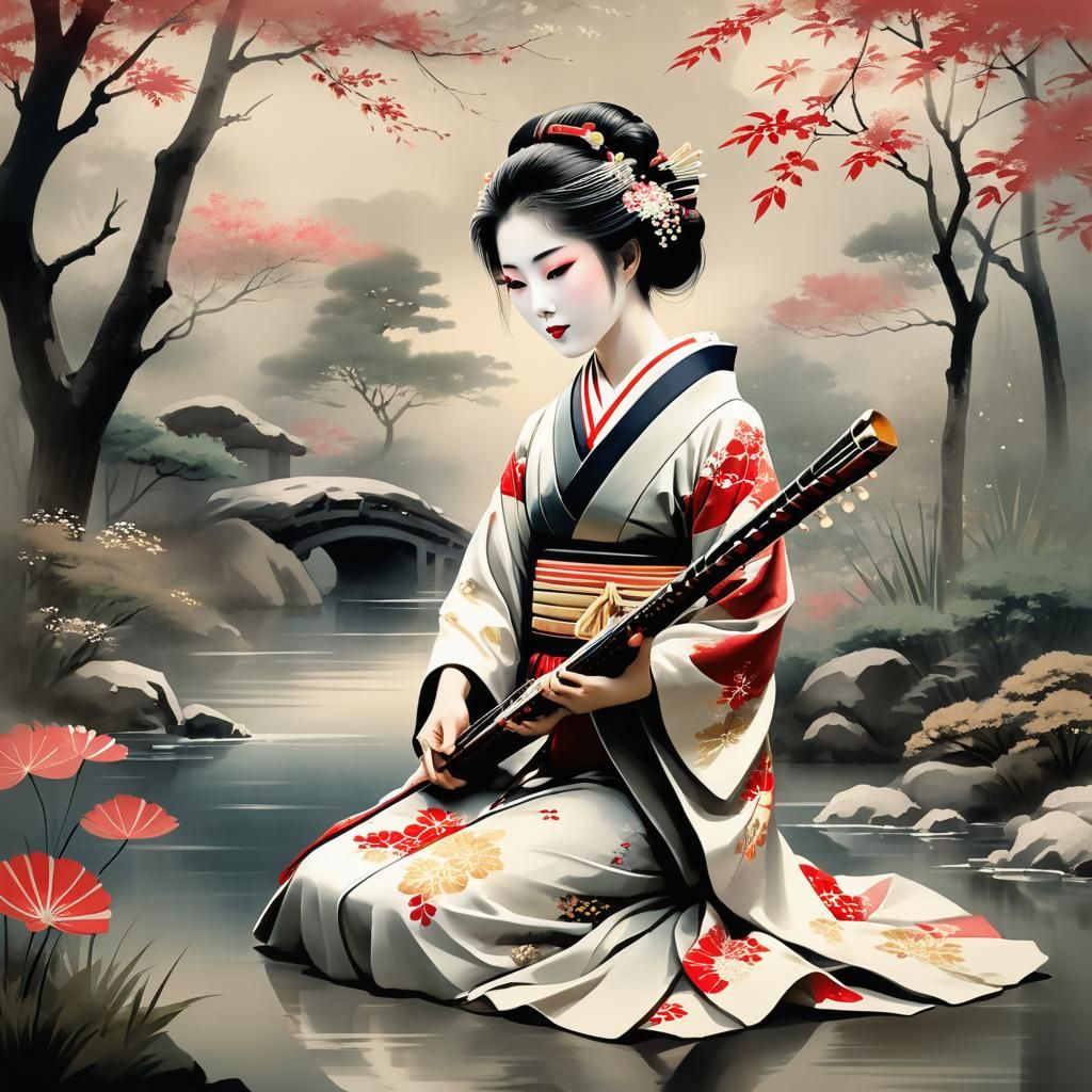 A portrait of a geisha or samurai, styled with the characteristic simplicity and elegance of Ukiyo-e, Ukiyo-e artwork, Japanese inkwash, 
