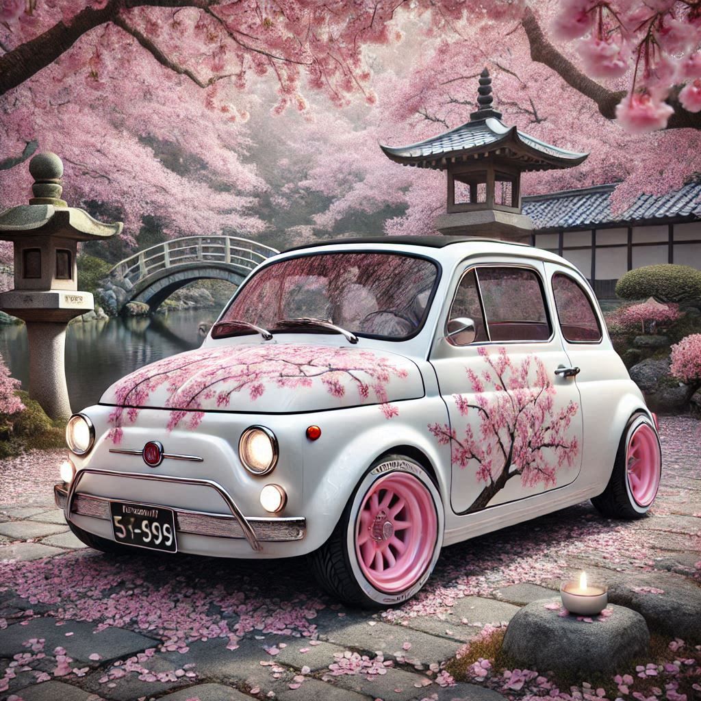 Serenity in Bloom: Fiat 500 in Cherry Blossom Garden