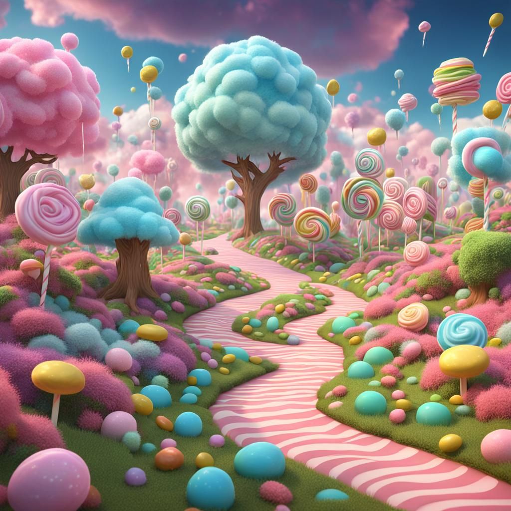 Pastel candy land; trees of lollipops, grass of sprinkles, clouds of cotton candy, gumdrops lining a ...  by @Ellie