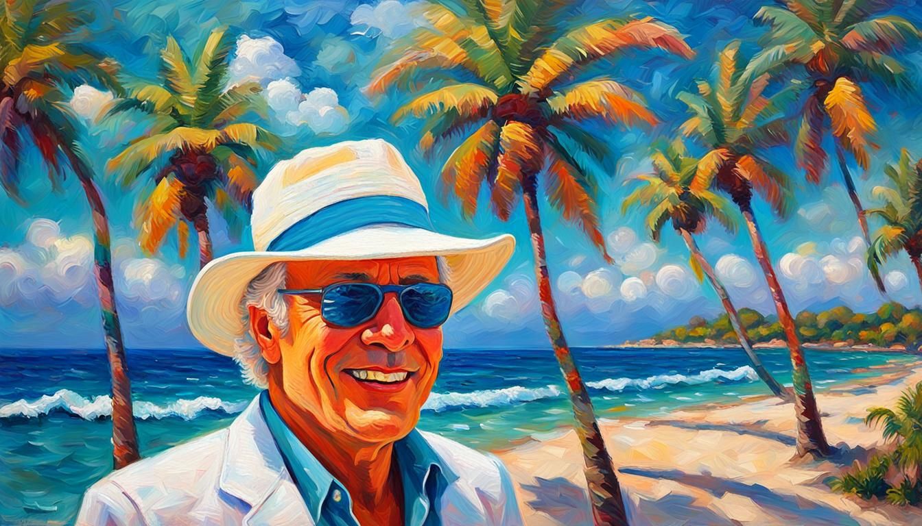 SINGER JIMMY BUFFET WEARING WHITE LINEN SUIT, BASEBALL CAP ,...