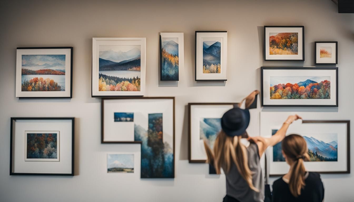 A woman hanging artwork on a wall
