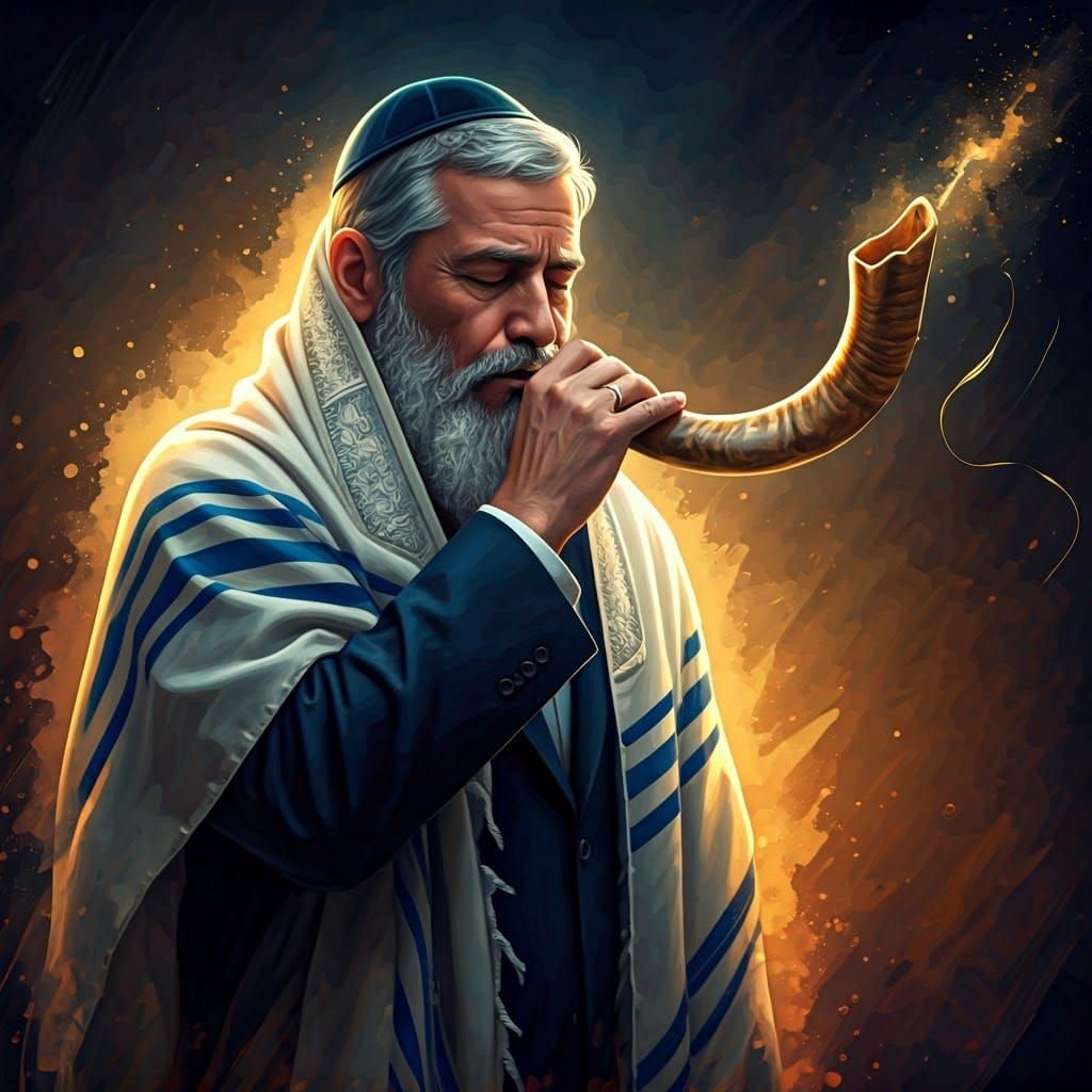 A Jewish man wrapped in a tallit, standing and blowing a shofar.
A sacred, warm and uplifting atmosphere