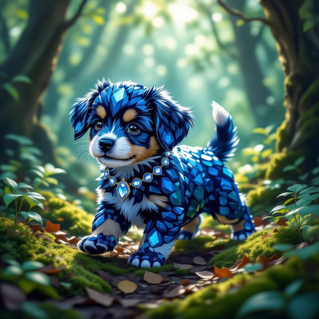 a dark blue sapphire stones puppy in the forest