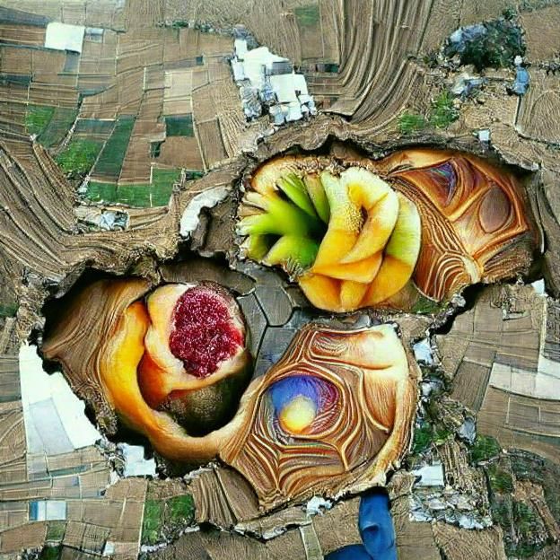 Earth is cut in half, revealing infinite fruits inside