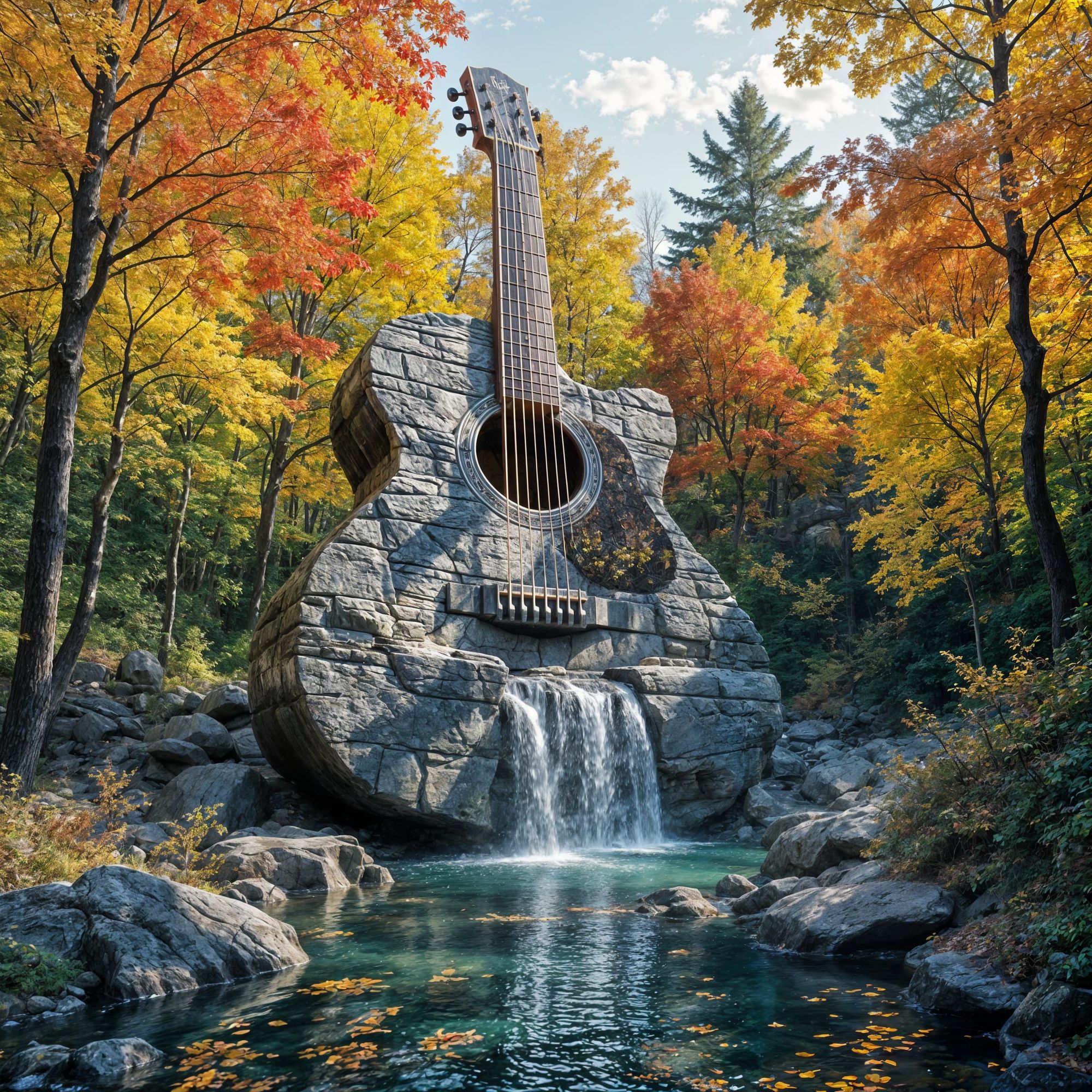 Waterfall emerges from the stone guitar monument. Autumn forest and sunny day by the stream. Photorealistic.