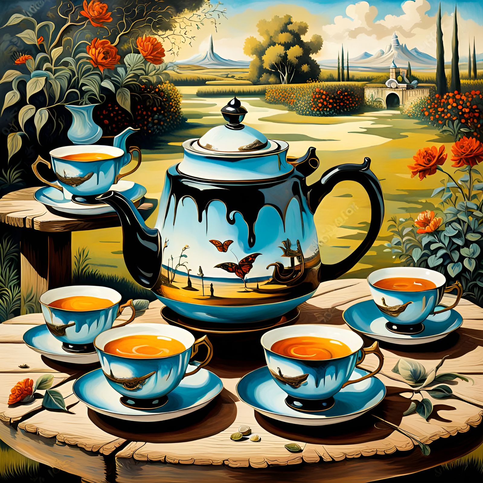vintage teapot with cups and saucers on the wooden table in ...