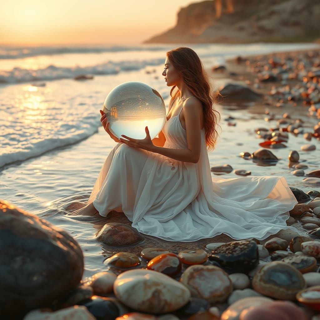 Ethereal Woman on Agate Beach Reflecting Sunset