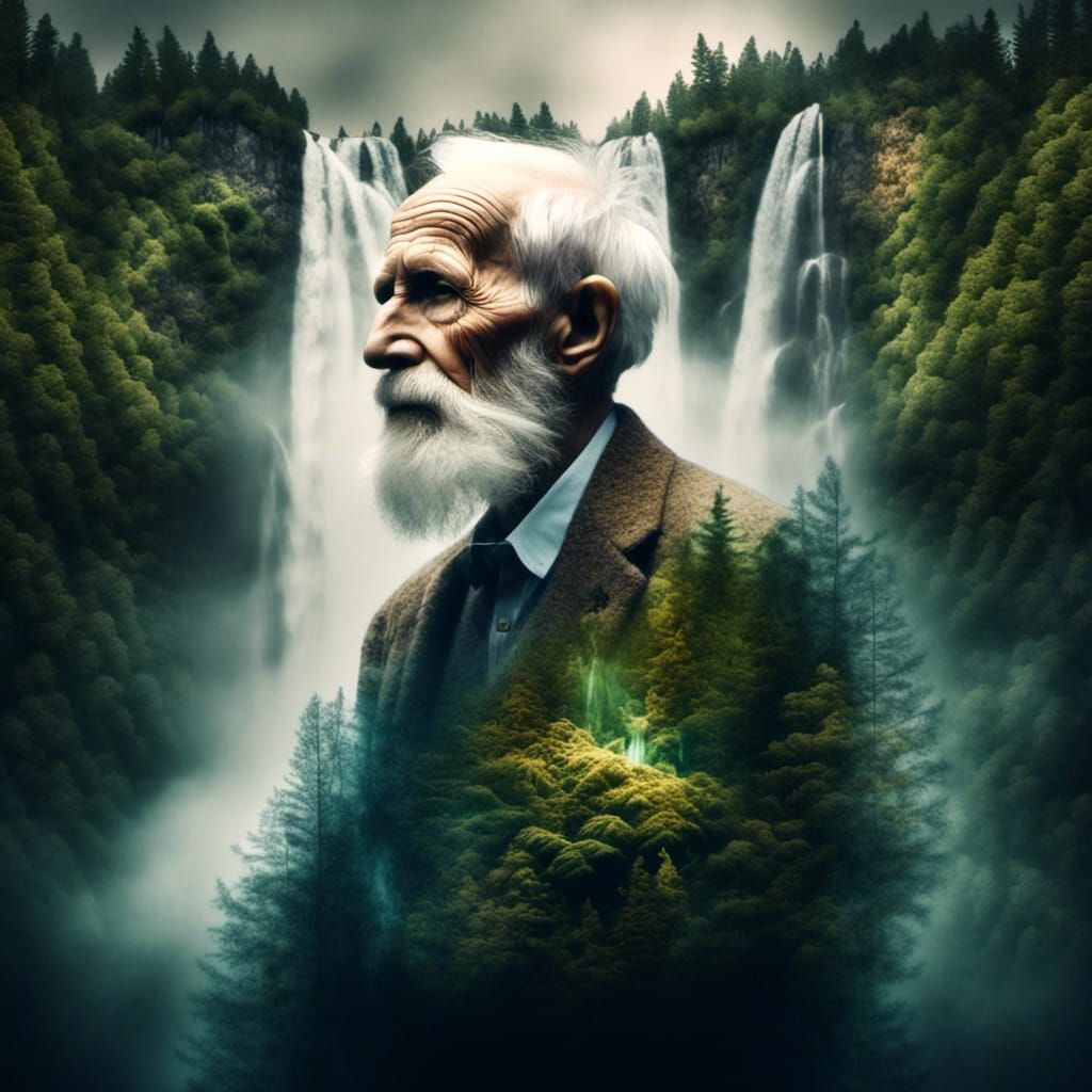 <lora:Memories:1.0>  double exposure, portrait of an elderly man, forest with waterfall