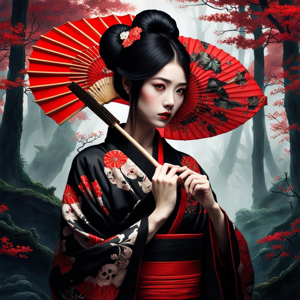 Japanese girl wearing a black and red kimono, she is holding a fan ...