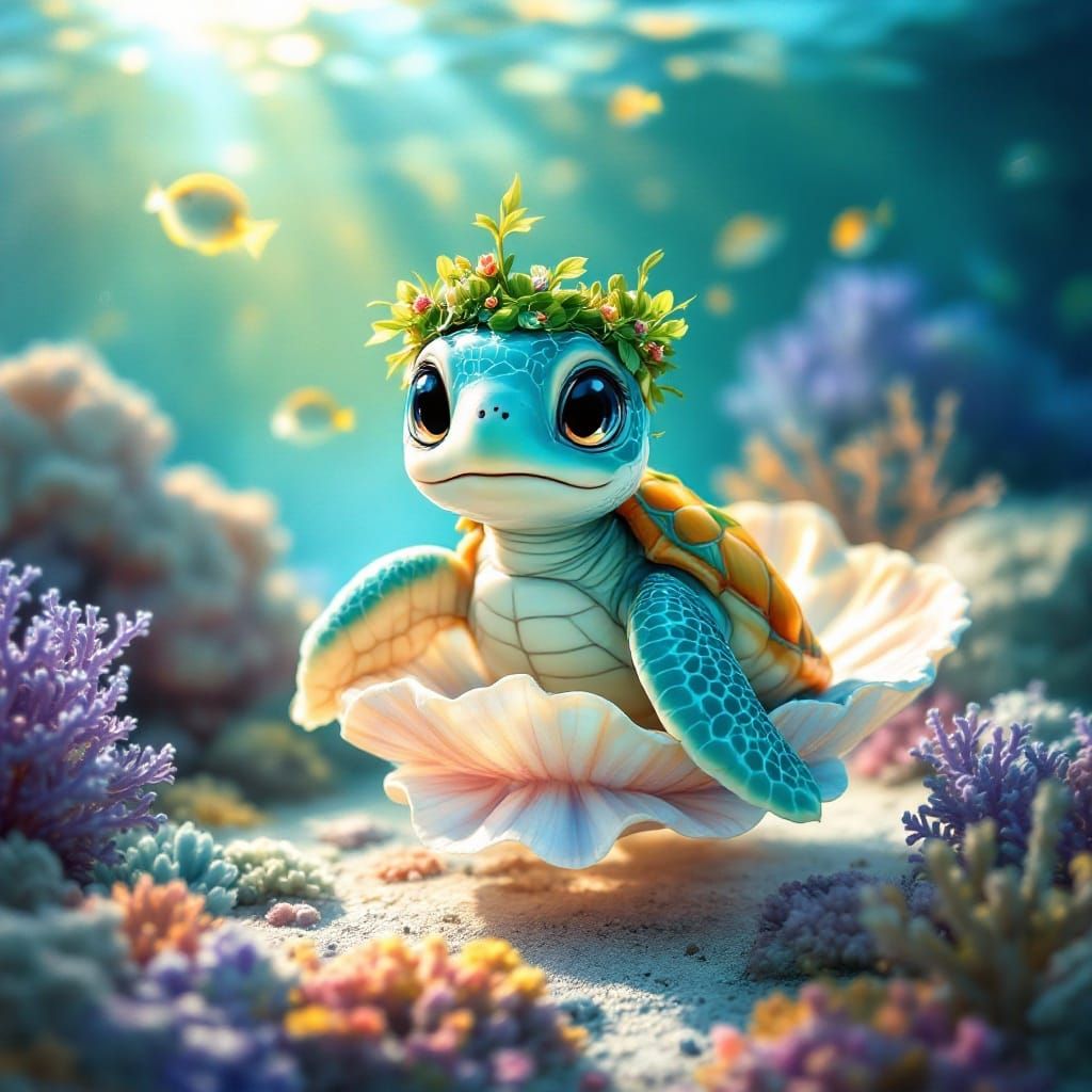 Baby turtle riding a seashell  by @Soynuts
