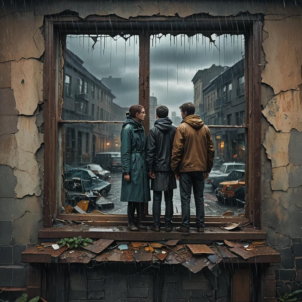 "Two people standing on opposite sides of a broken window, l...
