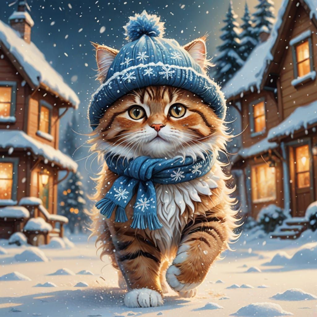 A cute fluffy kitty walking though the snow  by @Lily Nathu