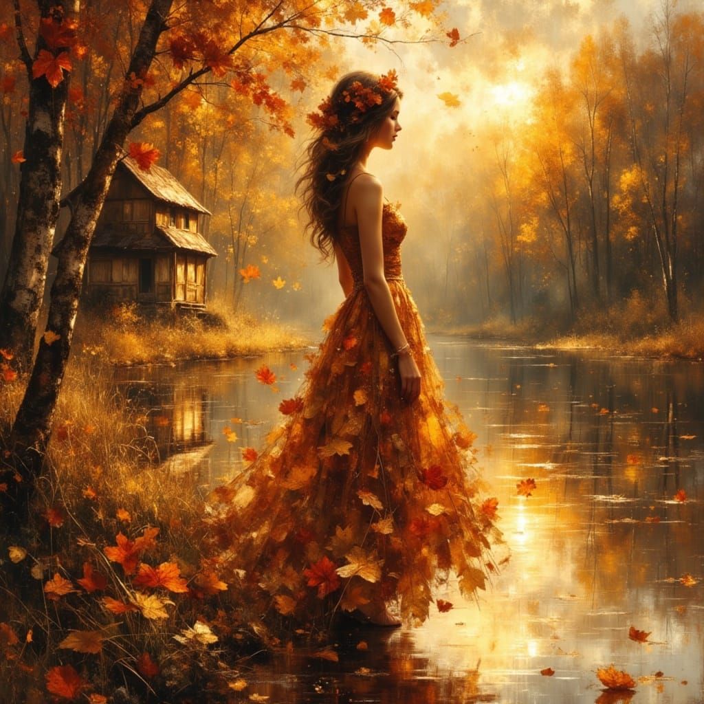 A poetic autumn fairytale scene: a beautiful girl personifying Autumn stands on the bank of a quiet river, ...  by @MythsCreator