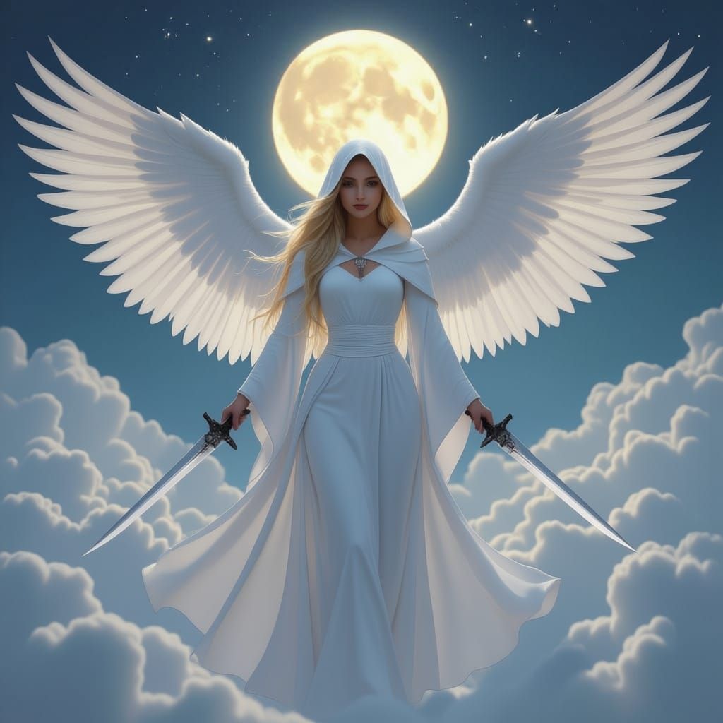 A celestial female figure named ‘Ms. Justice’ floating gracefully in one place among soft swirling clouds in a darkening sky. The moon glows...