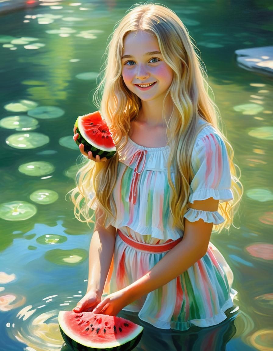 Impressionist Blonde Girl with Watermelon by Pool