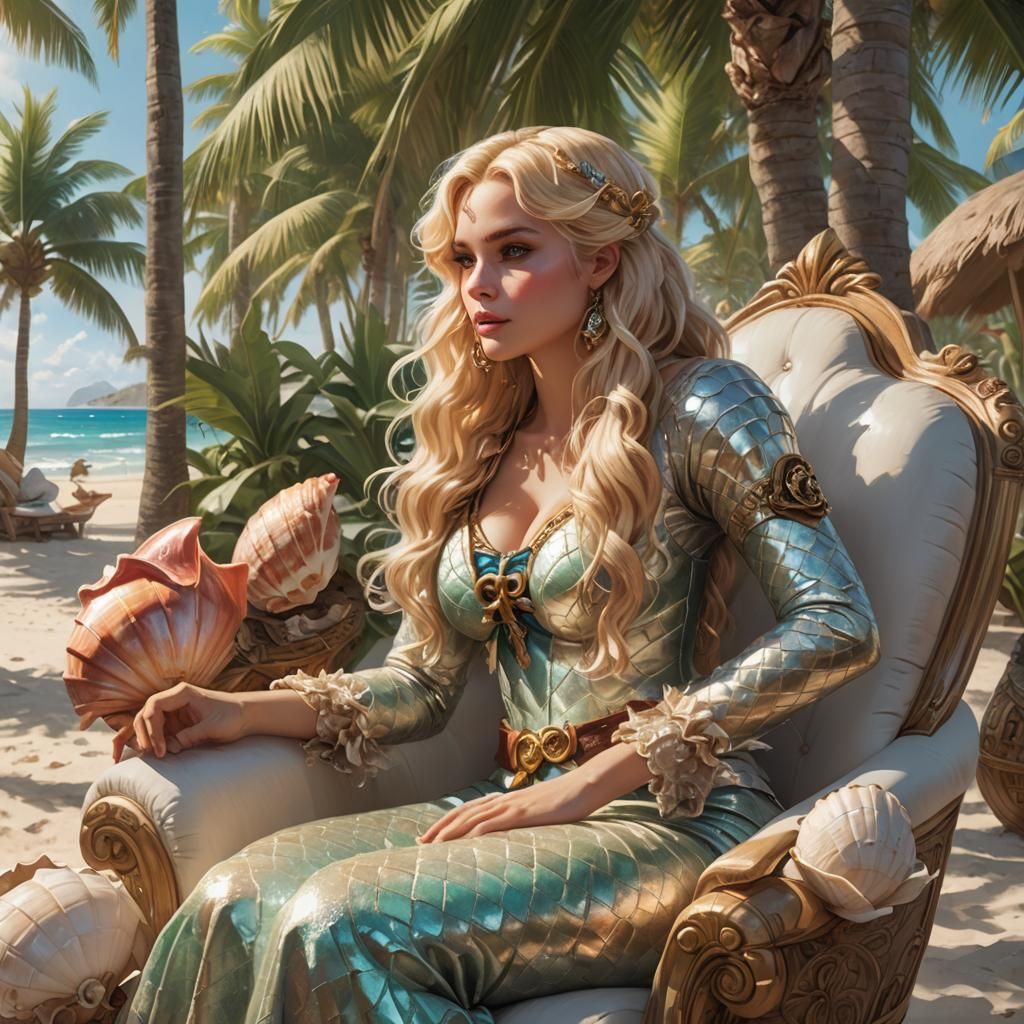Gorgeous blond mermaid sitting comfortably in a luxurious ar...