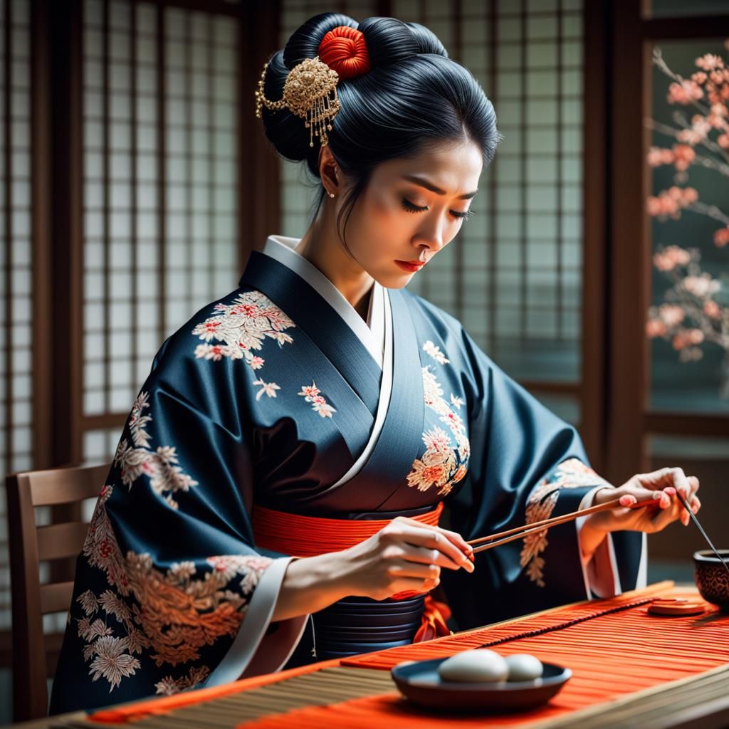 beautiful lady Intricately embroidering a kimono  by @Fritholf