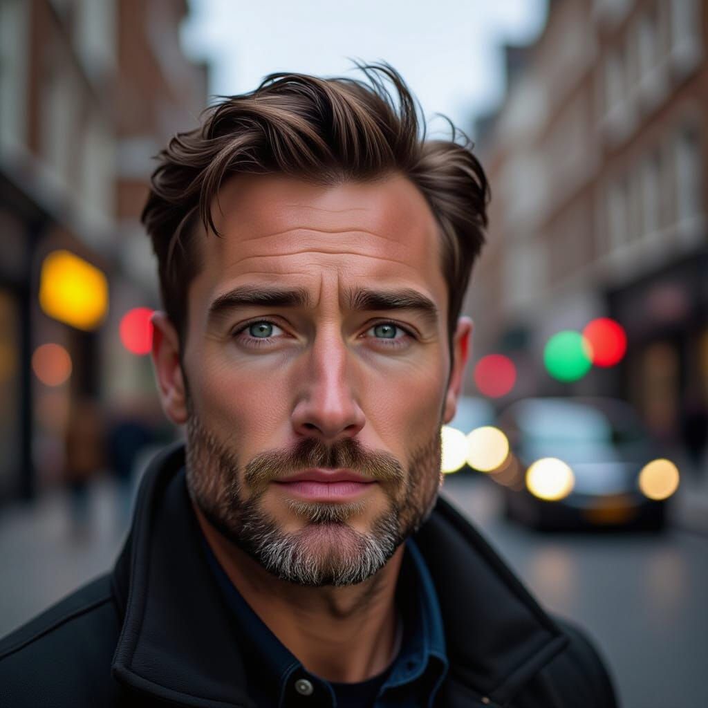 Man with Clear Eyes in Gritty London Cityscape
