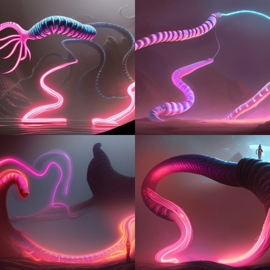 gargantuan, eldritch worm, neon lights, black blue lights  p...