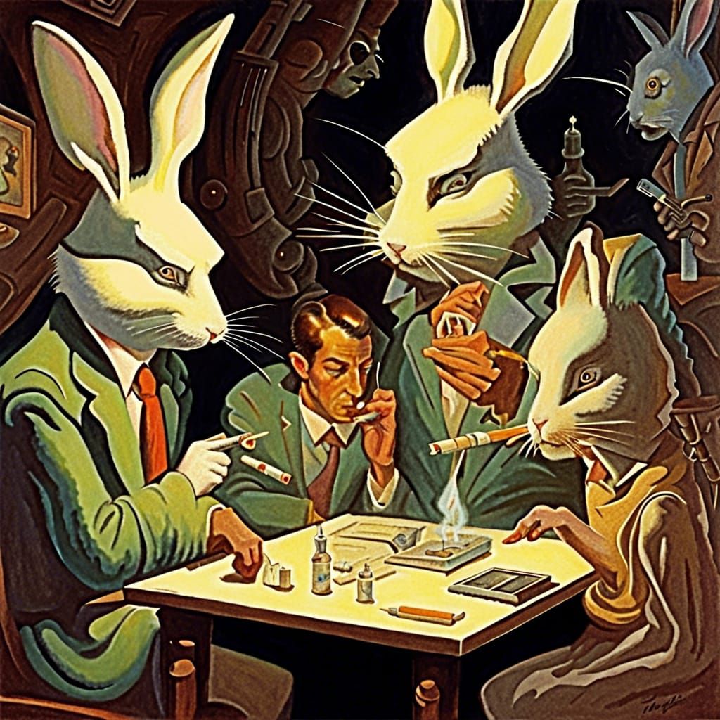 People teaching rabbits to smoke cigarettes AI Generated Artwork