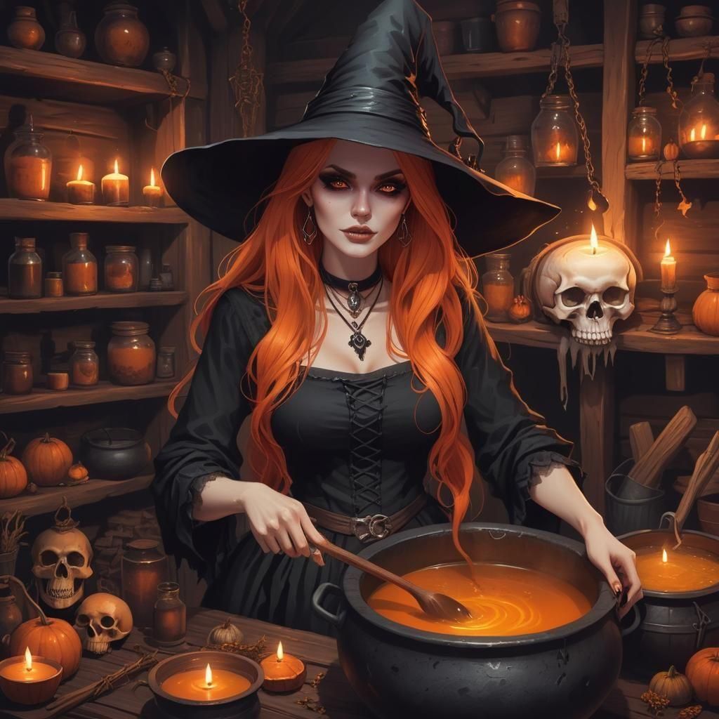 Orange haired witch girl stirring a magic potion.