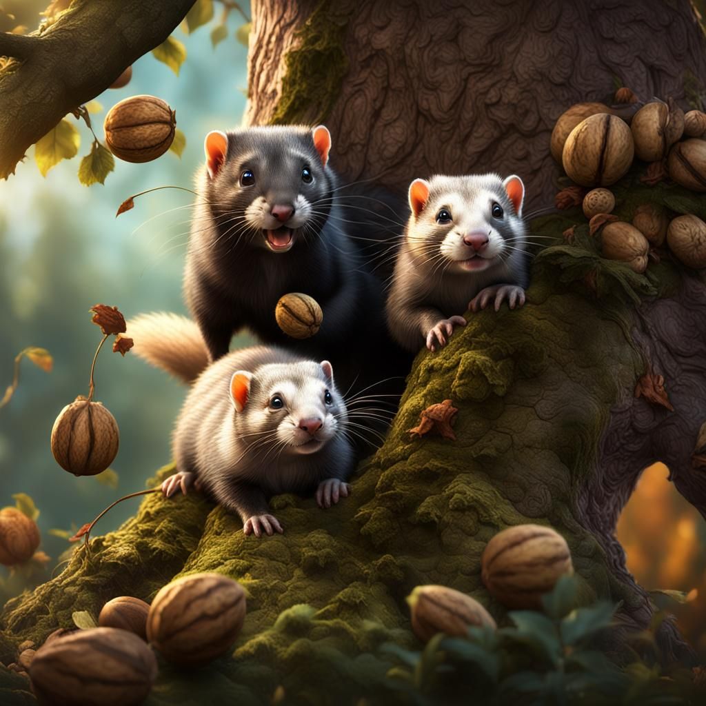 2 ferrets watching a squirrel going up a tree with a walnut ...