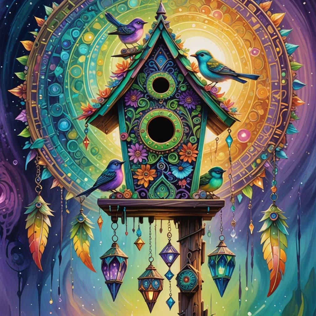 A stacked totem-style birdhouse, each layer representing a different chakra—ruby red at the base, violet ...  by @liliana feliciano