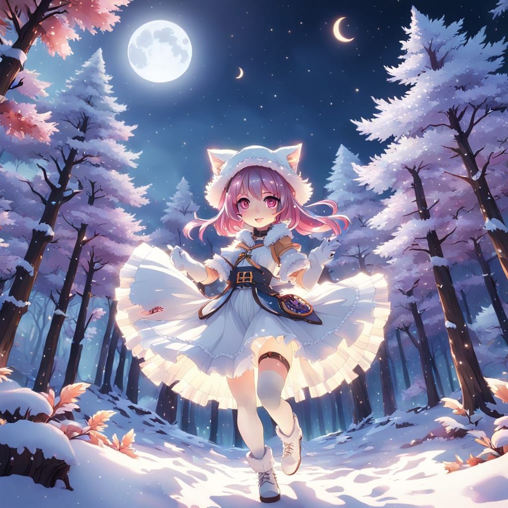 Kawaii Catgirl Dances in Snowy Forest Under Iridescent Light...