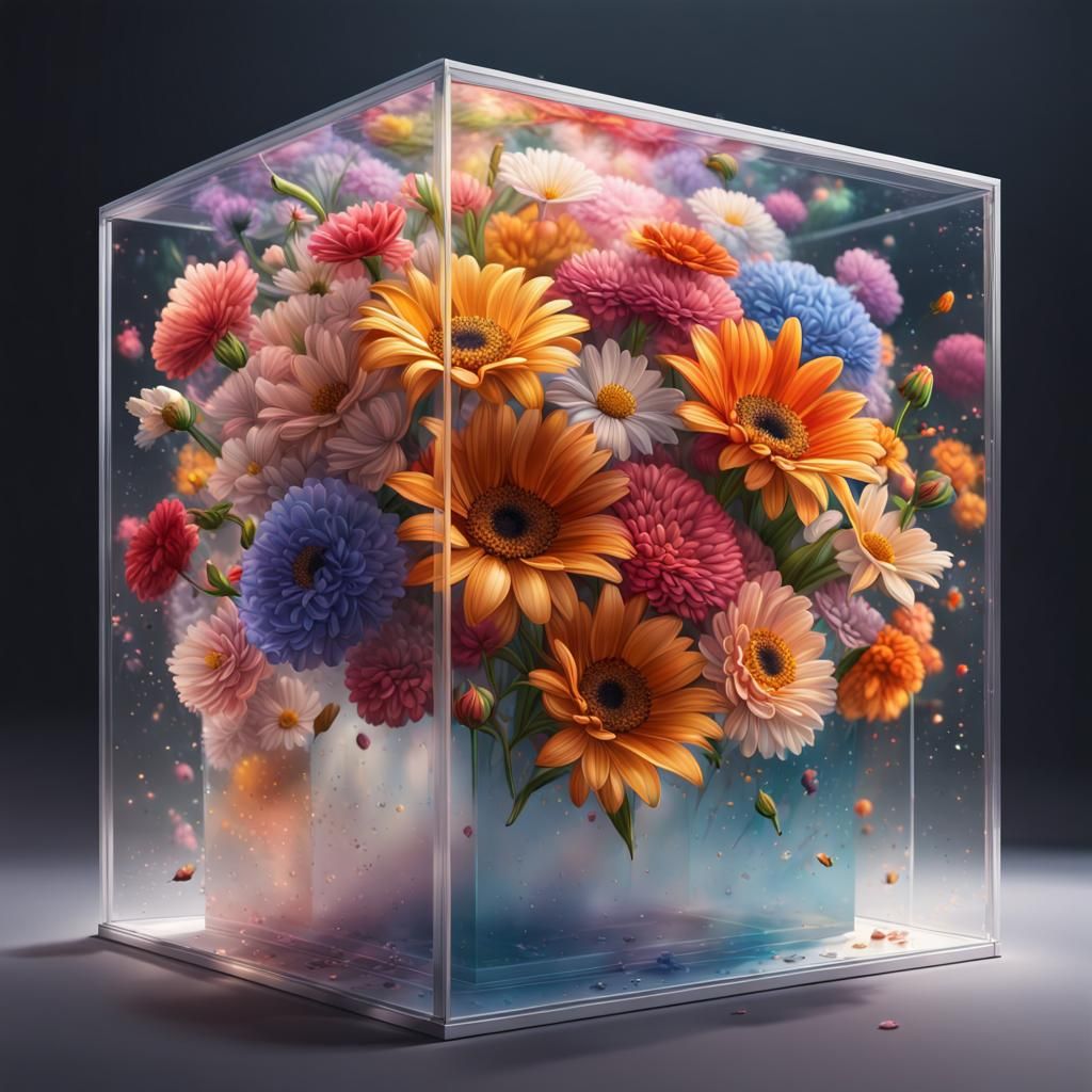 Lots of flowers inside of the Transparent big box