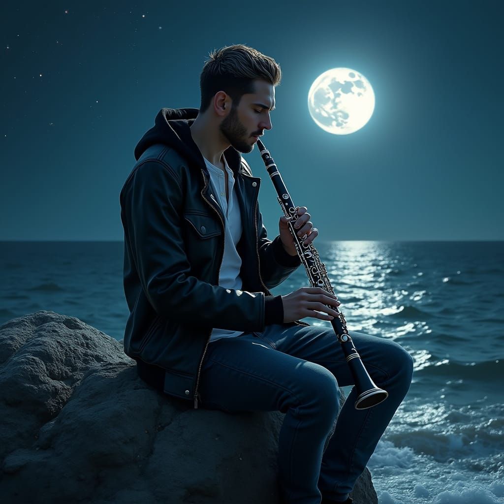 Haredi Man Plays Clarinet Under Moonlight