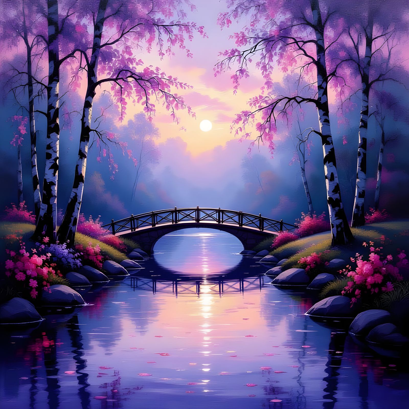 A dreamy nature scene painted in oil, featuring a calm body of water, scattered trees, blooming flowers, and a small ele...