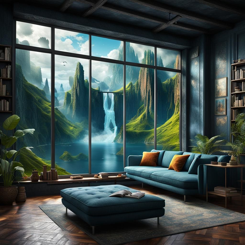 there is a room with a large window and a couch, epic fantasy, mix with architecture, very beautiful matte painting, beautiful matte paintin...