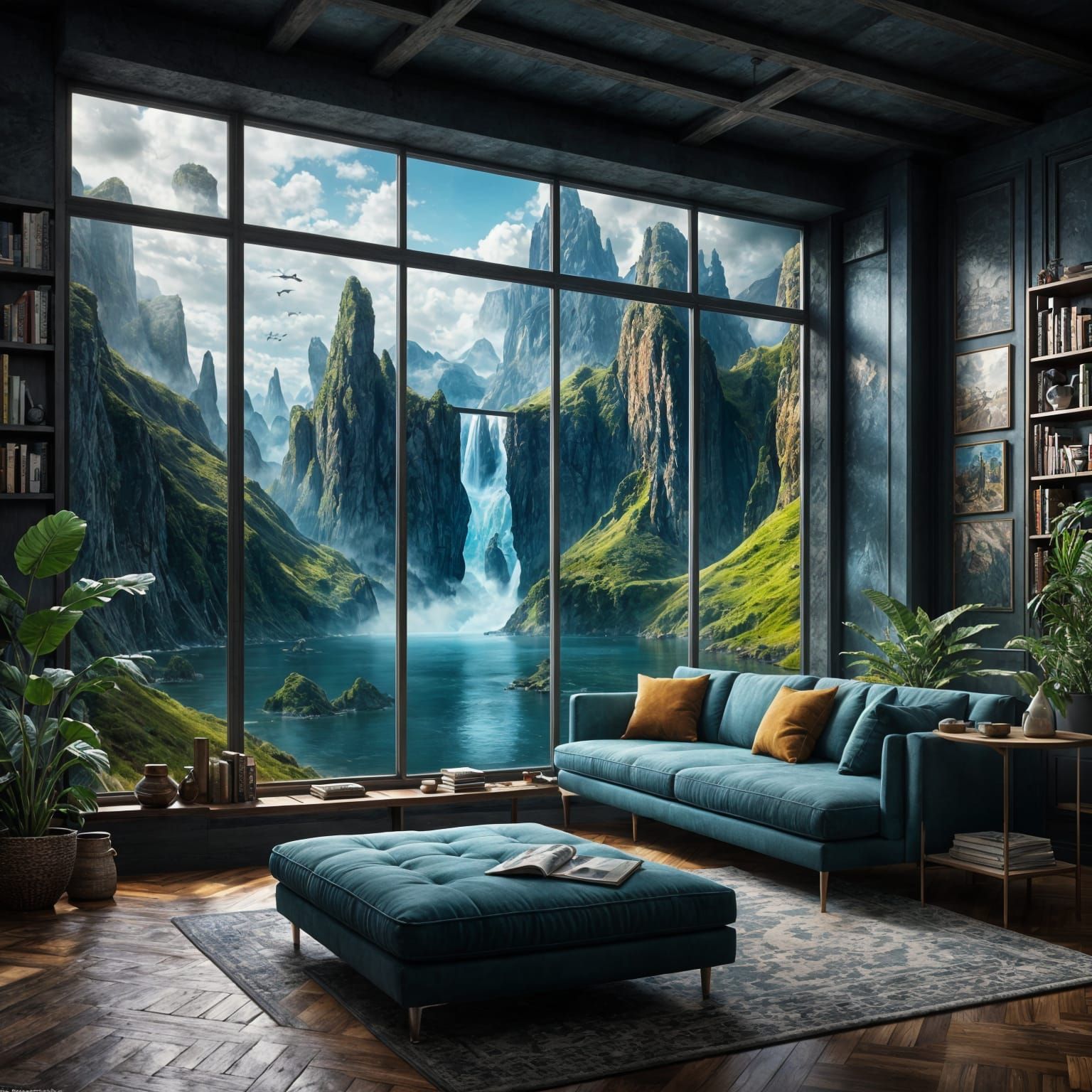 there is a room with a large window and a couch, epic fantasy, mix with architecture, very beautiful ...  by @Granite-007