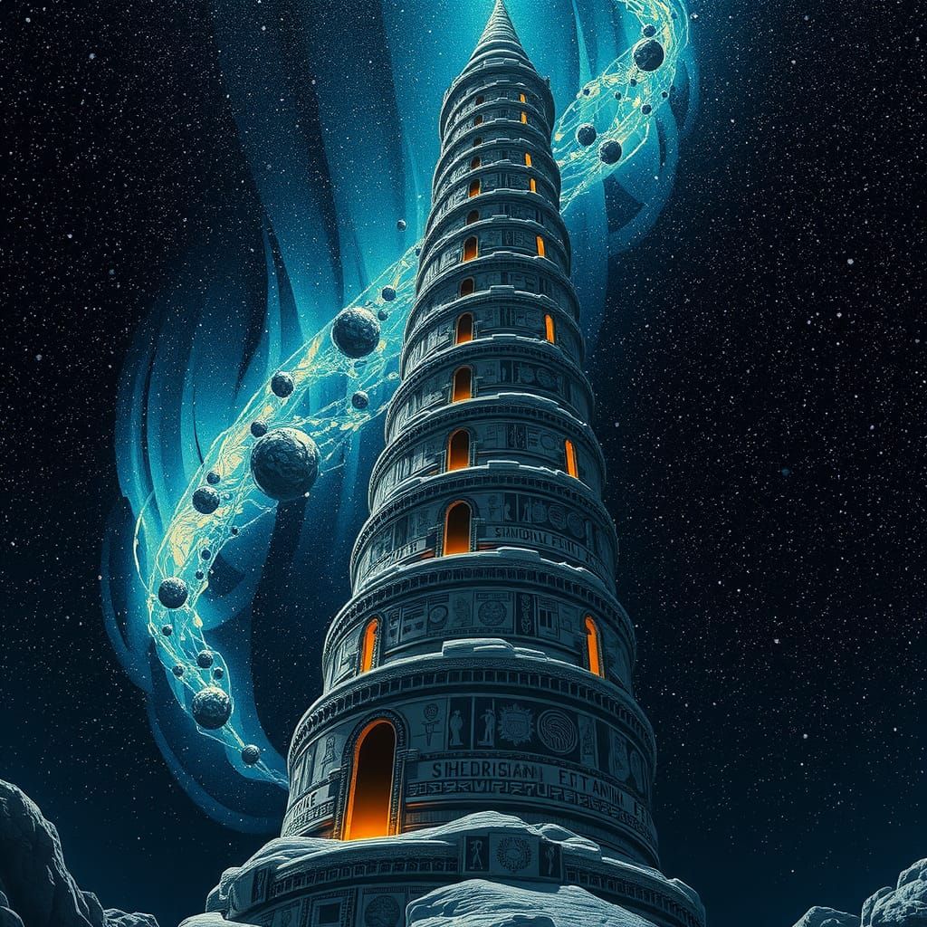 a towering spiraling structure with doorways leading all the...