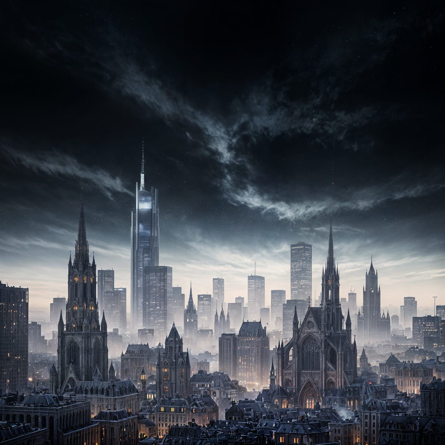Cityscape Silhouette at Night in Detailed Matte Painting