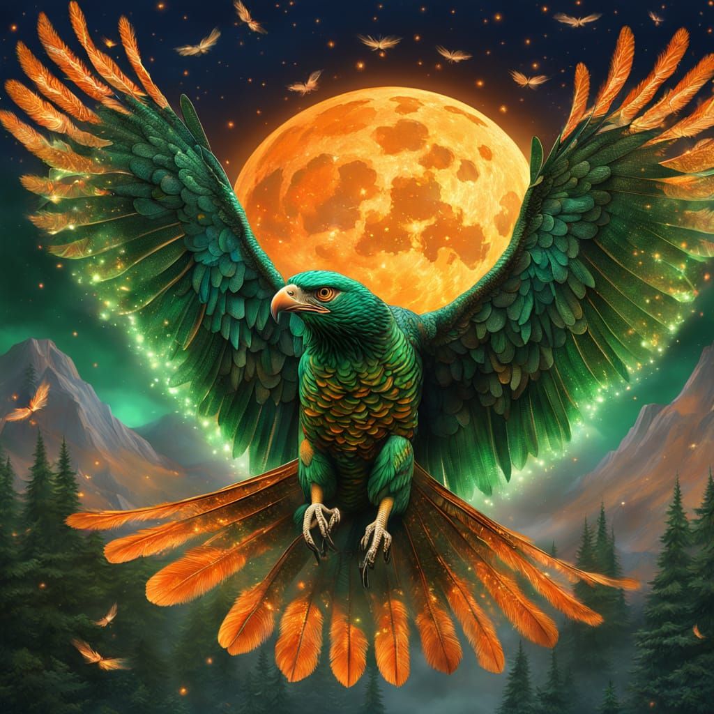 a huge bird of prey made entirely of transparent green glass flies through the night sky against the ...  by @Zacharo