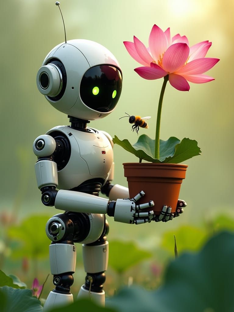A proud robot stands holding a plant pot with a lotus flower that is in full bloom and vibrant, a bee gently buzzes by looking for nectar